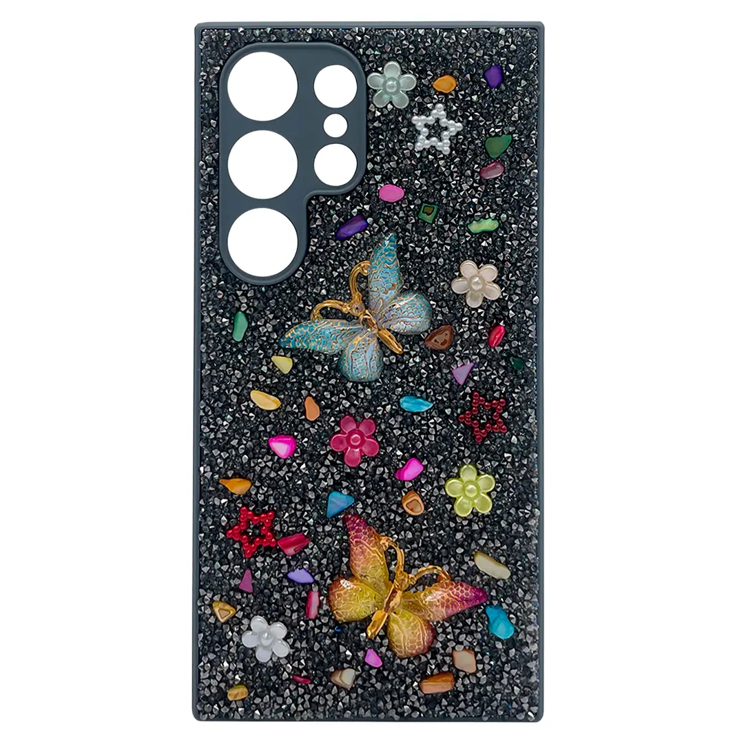 Samsung Galaxy S23 Ultra Butterfly and Diamond Bling Case Light Gray